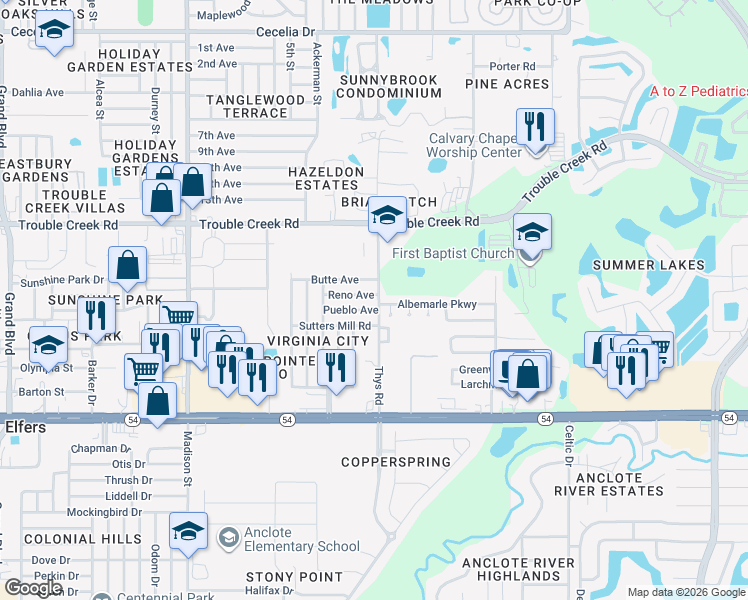 map of restaurants, bars, coffee shops, grocery stores, and more near 6448 Reno Avenue in New Port Richey