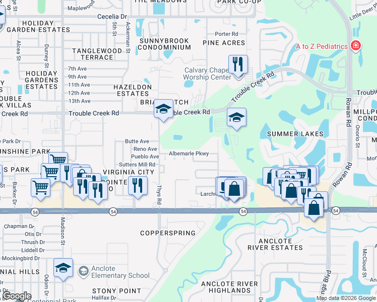 map of restaurants, bars, coffee shops, grocery stores, and more near 6661 Knightsbridge Drive in New Port Richey
