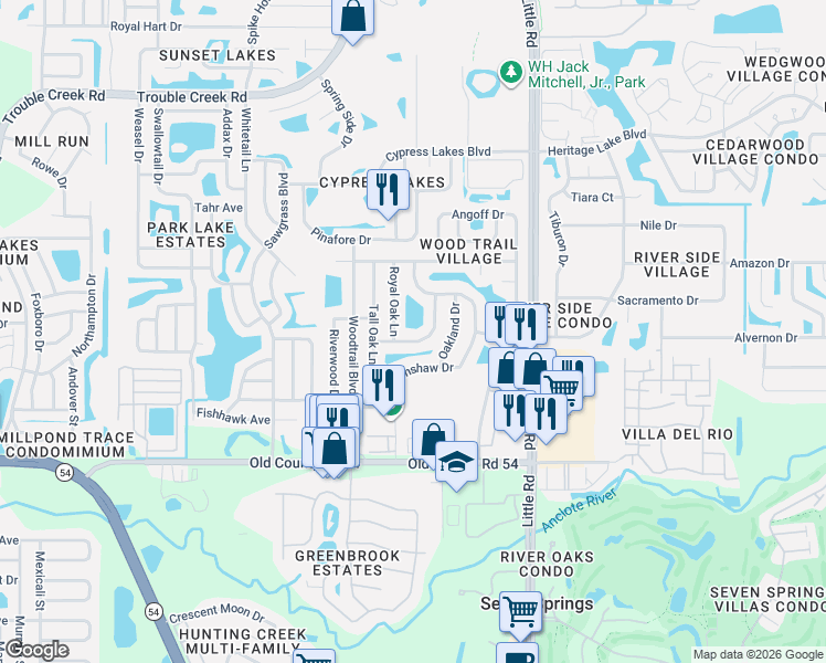 map of restaurants, bars, coffee shops, grocery stores, and more near 4428 Summerlake Drive in New Port Richey