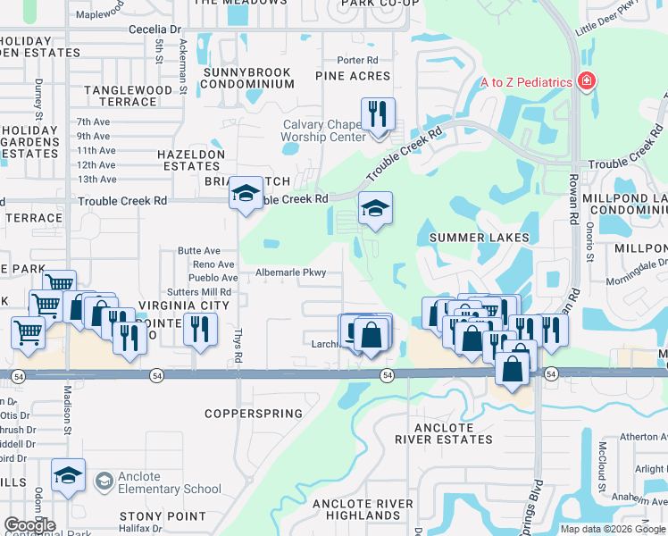 map of restaurants, bars, coffee shops, grocery stores, and more near 6743 Knightsbridge Drive in New Port Richey