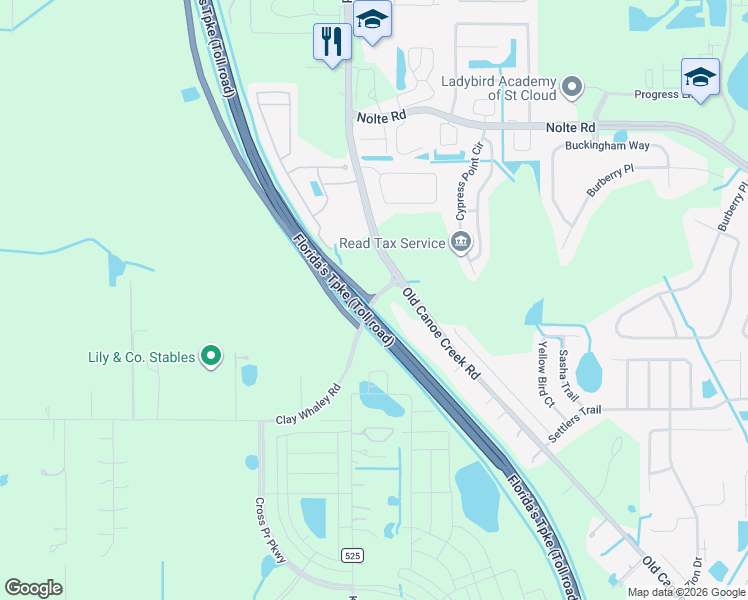 map of restaurants, bars, coffee shops, grocery stores, and more near 3300 Old Canoe Creek Road in St. Cloud