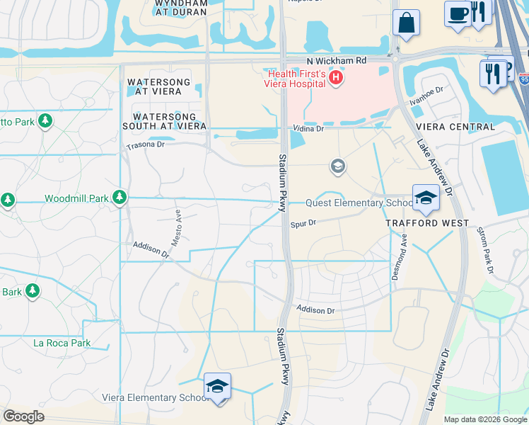map of restaurants, bars, coffee shops, grocery stores, and more near 2614 Spur Drive in Melbourne