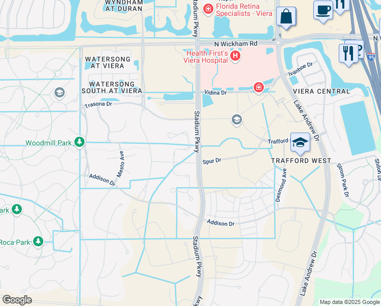 map of restaurants, bars, coffee shops, grocery stores, and more near 2614 Spur Drive in Melbourne