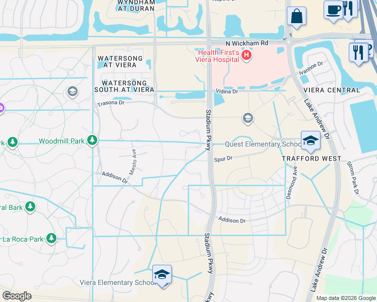 map of restaurants, bars, coffee shops, grocery stores, and more near 2706 Spur Drive in Melbourne