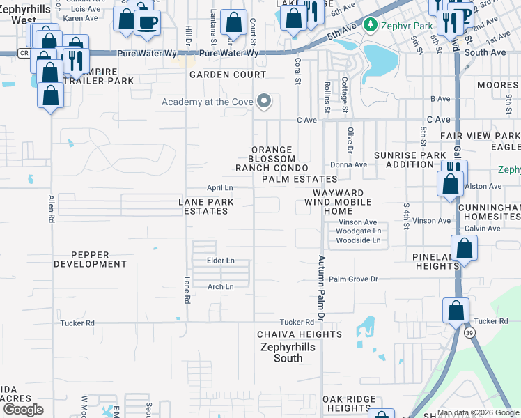 map of restaurants, bars, coffee shops, grocery stores, and more near 37728 Prairie Rose Loop in Zephyrhills