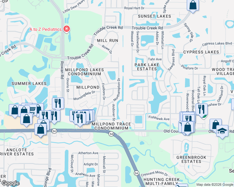 map of restaurants, bars, coffee shops, grocery stores, and more near 4305 Northampton Drive in New Port Richey