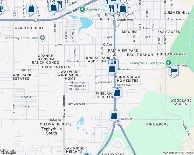 map of restaurants, bars, coffee shops, grocery stores, and more near 38249 Vinson Avenue in Zephyrhills