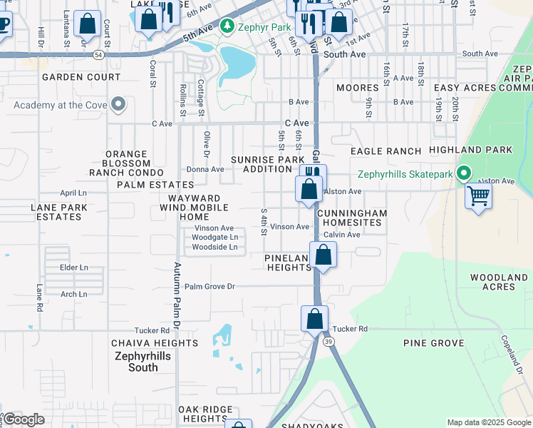 map of restaurants, bars, coffee shops, grocery stores, and more near 4412 Plum Street in Zephyrhills