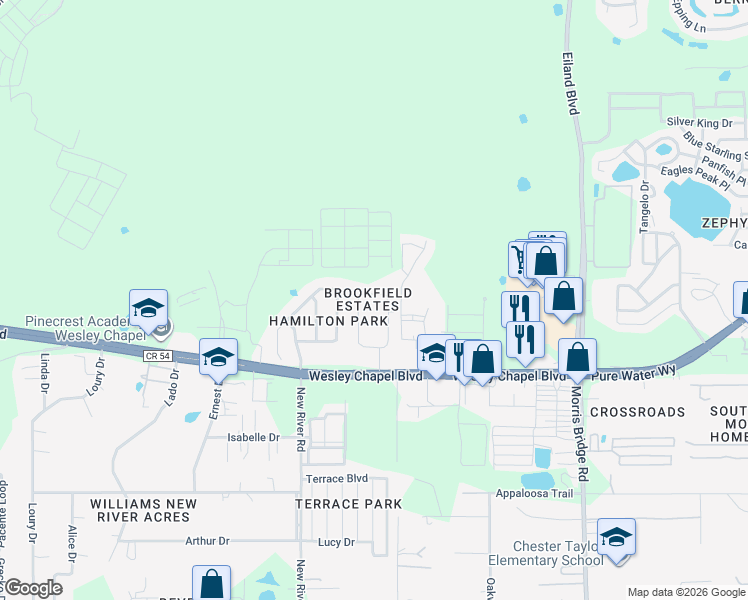 map of restaurants, bars, coffee shops, grocery stores, and more near 4422 Fieldview Circle in Wesley Chapel