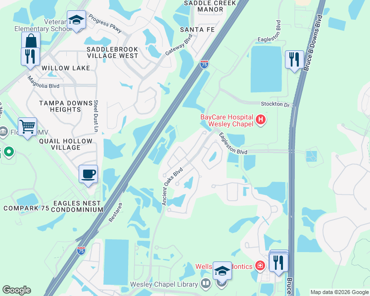 map of restaurants, bars, coffee shops, grocery stores, and more near 4527 Scarlet Loop in Wesley Chapel