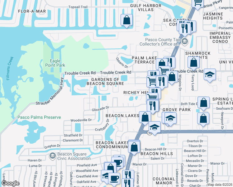 map of restaurants, bars, coffee shops, grocery stores, and more near 4240 Sheldon Place in New Port Richey