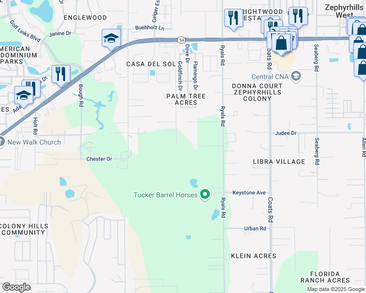 map of restaurants, bars, coffee shops, grocery stores, and more near 4434 Firelane Road in Zephyrhills