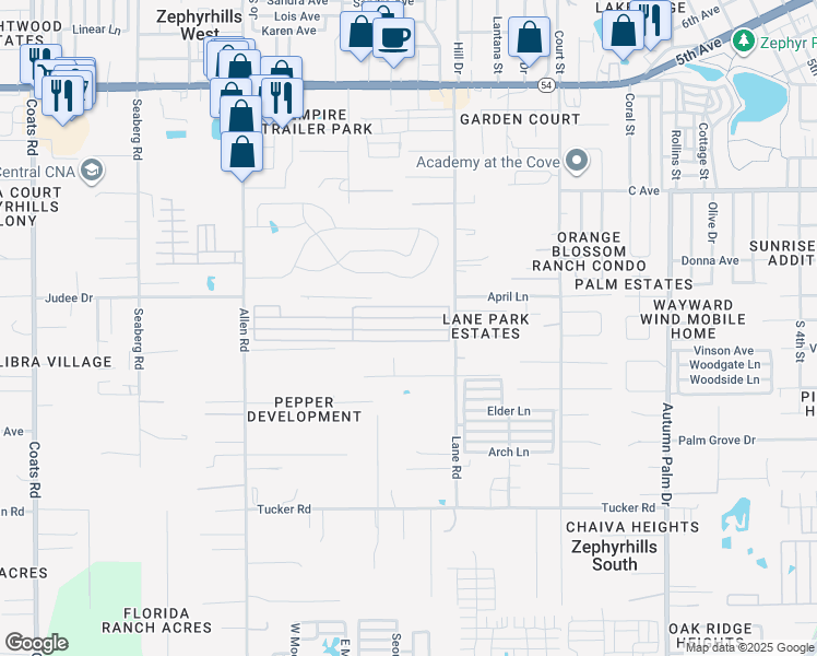 map of restaurants, bars, coffee shops, grocery stores, and more near 124 44th Avenue in Zephyrhills