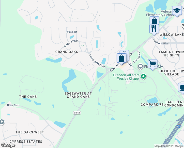 map of restaurants, bars, coffee shops, grocery stores, and more near 4543 Winding River Way in Land O' Lakes