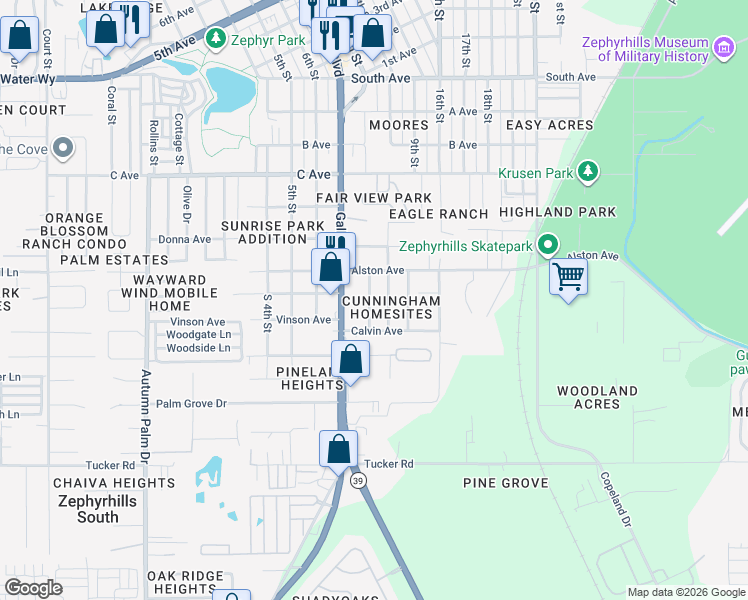 map of restaurants, bars, coffee shops, grocery stores, and more near 4410 Hooper Street in Zephyrhills