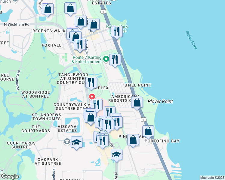 map of restaurants, bars, coffee shops, grocery stores, and more near 300 Akron Way in Rockledge
