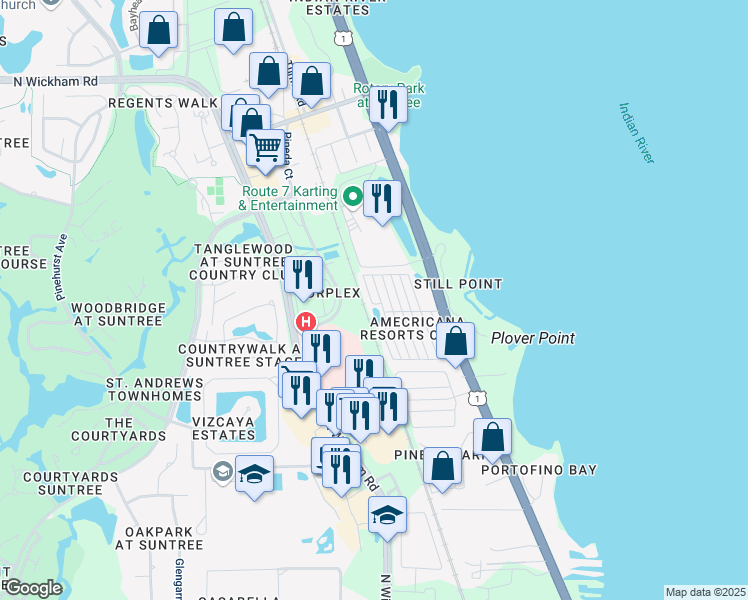 map of restaurants, bars, coffee shops, grocery stores, and more near 300 Akron Way in Rockledge