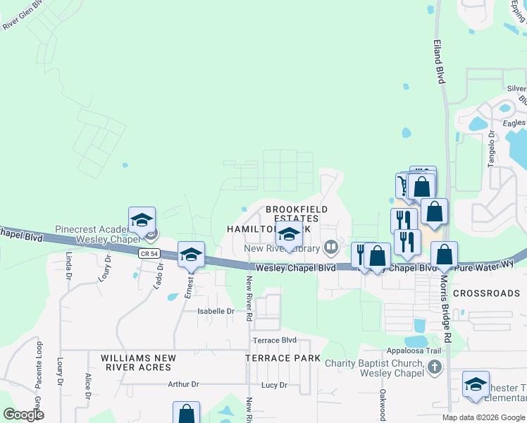 map of restaurants, bars, coffee shops, grocery stores, and more near 4424 Highcroft Drive in Wesley Chapel
