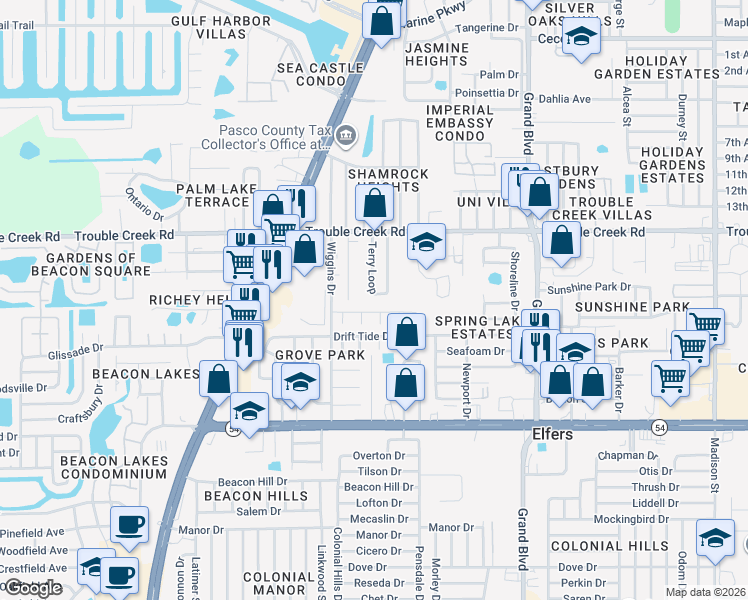 map of restaurants, bars, coffee shops, grocery stores, and more near 4236 Biloxi Drive in Port Richey