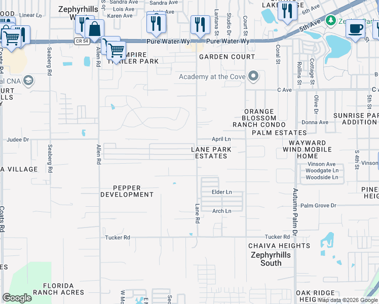 map of restaurants, bars, coffee shops, grocery stores, and more near 3b 43rd Avenue in Zephyrhills