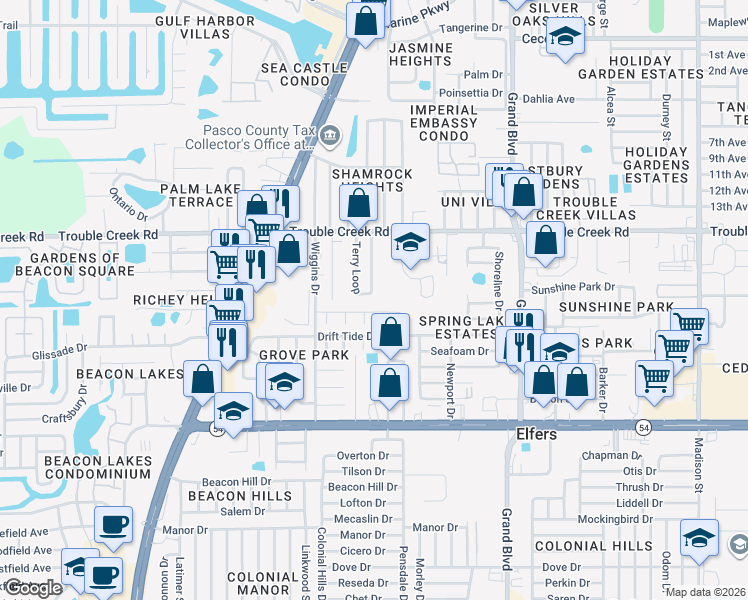 map of restaurants, bars, coffee shops, grocery stores, and more near 4236 Biloxi Drive in Port Richey