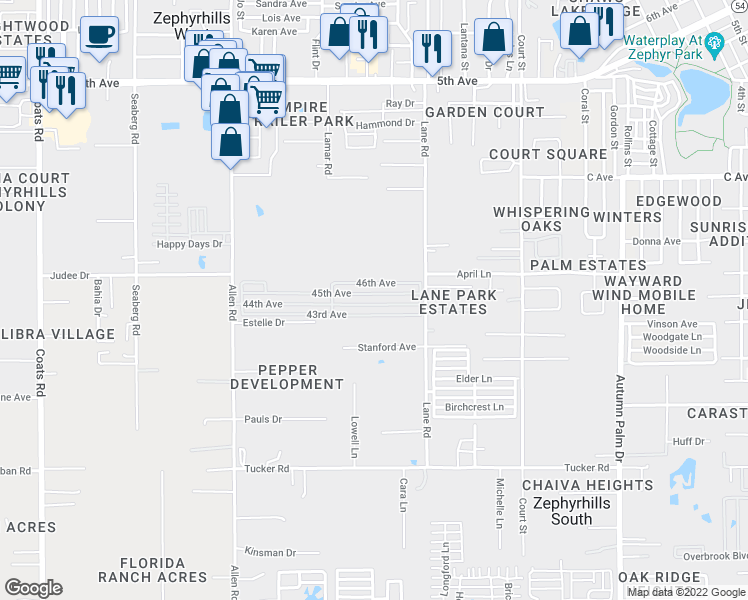 map of restaurants, bars, coffee shops, grocery stores, and more near 124 44th Avenue in Zephyrhills