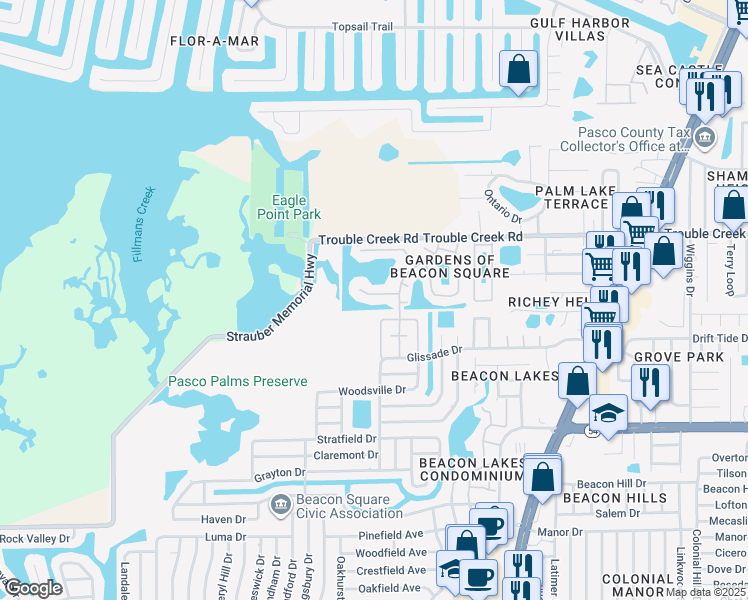 map of restaurants, bars, coffee shops, grocery stores, and more near 4144 Hampton Drive in New Port Richey