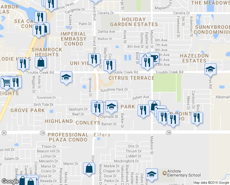 map of restaurants, bars, coffee shops, grocery stores, and more near 5647 Columbia Drive in New Port Richey