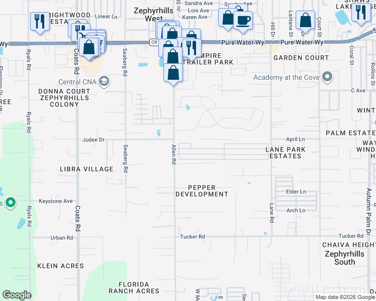 map of restaurants, bars, coffee shops, grocery stores, and more near 4517 Allen Road in Zephyrhills