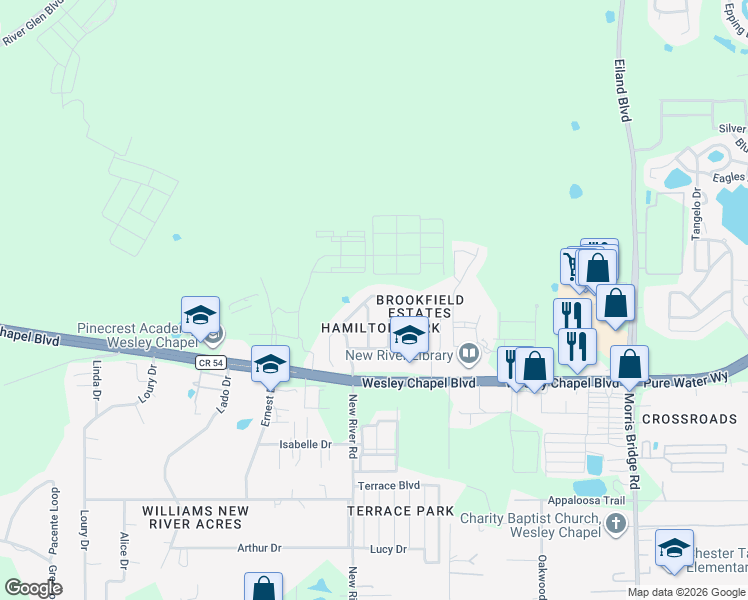 map of restaurants, bars, coffee shops, grocery stores, and more near 4454 Hawksley Place in Wesley Chapel