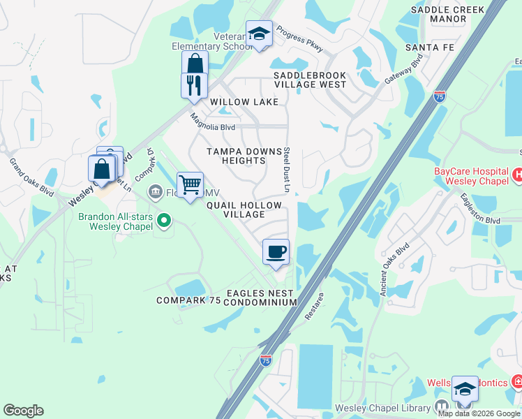 map of restaurants, bars, coffee shops, grocery stores, and more near 26843 Roseann Place in Lutz