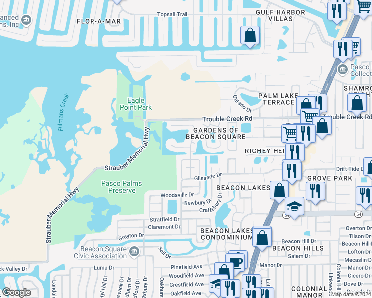 map of restaurants, bars, coffee shops, grocery stores, and more near 4349 Rustic Drive in New Port Richey