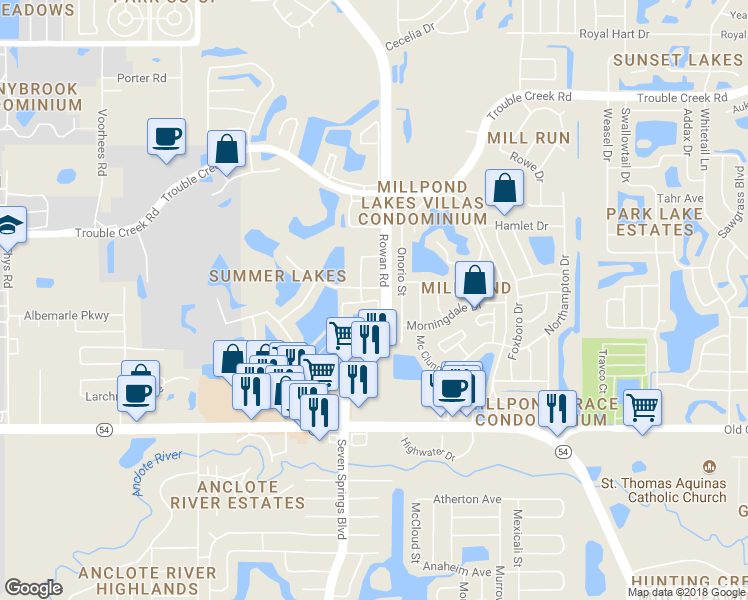map of restaurants, bars, coffee shops, grocery stores, and more near 11796 Kauai Loop in New Port Richey