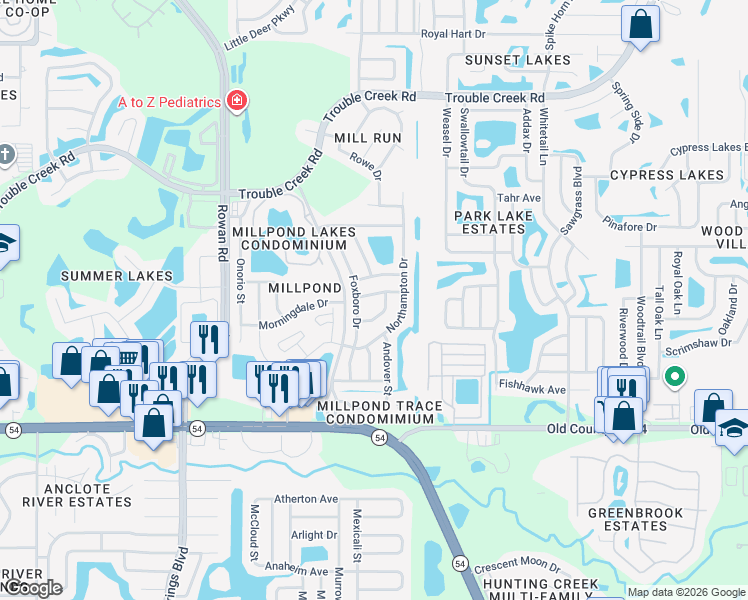 map of restaurants, bars, coffee shops, grocery stores, and more near 7840 Woburn Street in New Port Richey