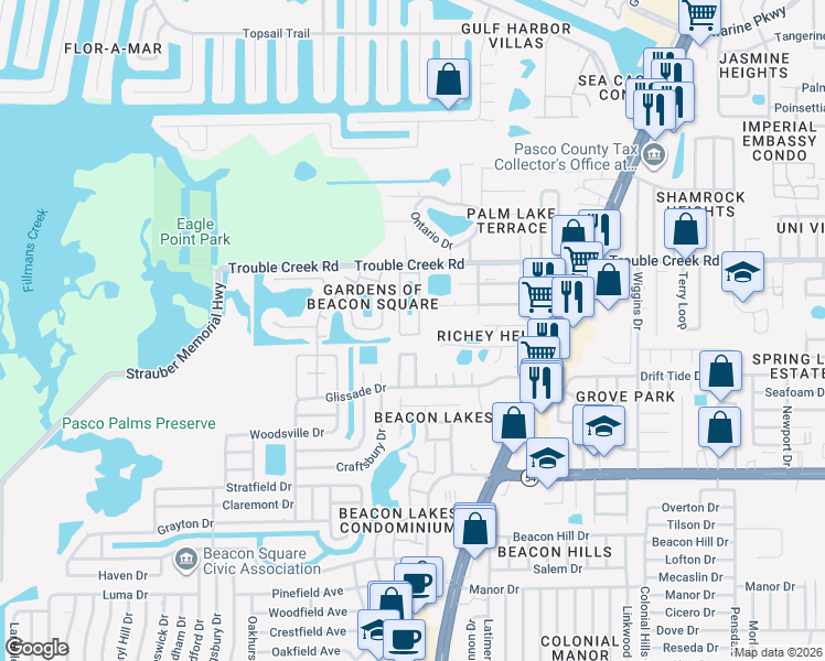 map of restaurants, bars, coffee shops, grocery stores, and more near 4457 Tucker Square in New Port Richey