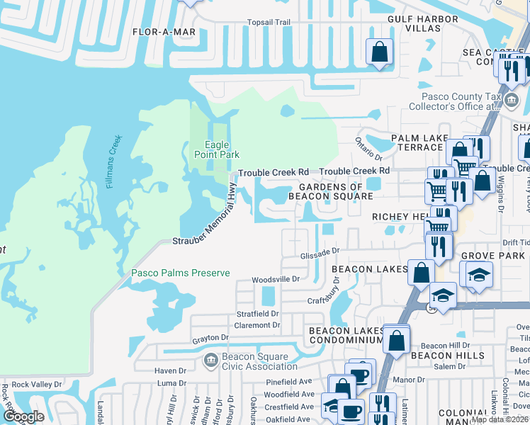 map of restaurants, bars, coffee shops, grocery stores, and more near 4115 Hampton Drive in New Port Richey