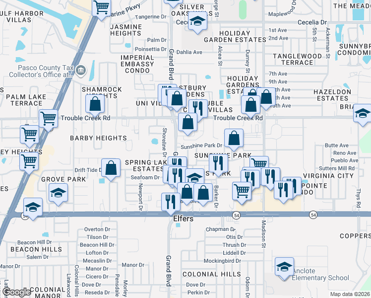 map of restaurants, bars, coffee shops, grocery stores, and more near 5545 Sunshine Park Drive in New Port Richey