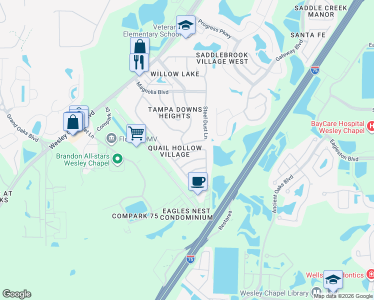map of restaurants, bars, coffee shops, grocery stores, and more near 26843 Roseann Place in Lutz