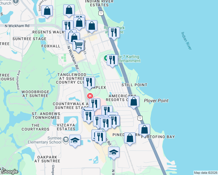 map of restaurants, bars, coffee shops, grocery stores, and more near 319 Akron Way in Rockledge