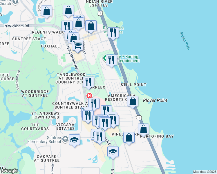 map of restaurants, bars, coffee shops, grocery stores, and more near 319 Akron Way in Rockledge