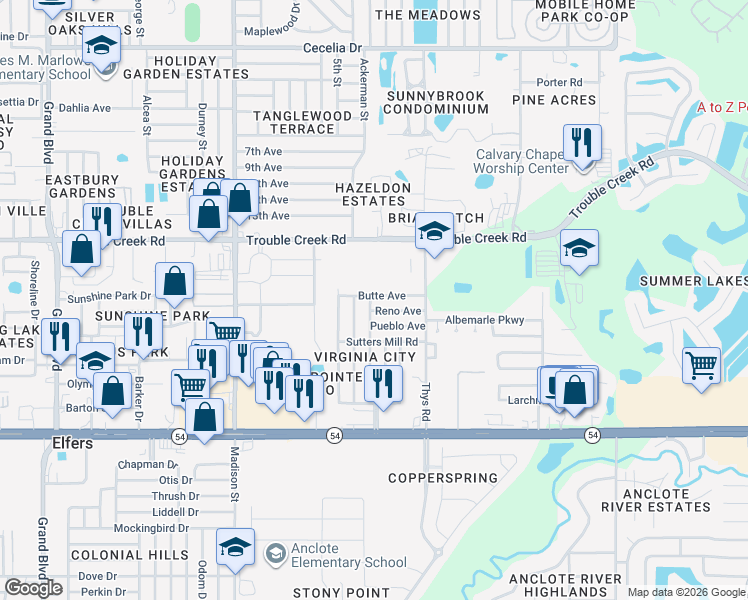 map of restaurants, bars, coffee shops, grocery stores, and more near 6315 Butte Avenue in New Port Richey