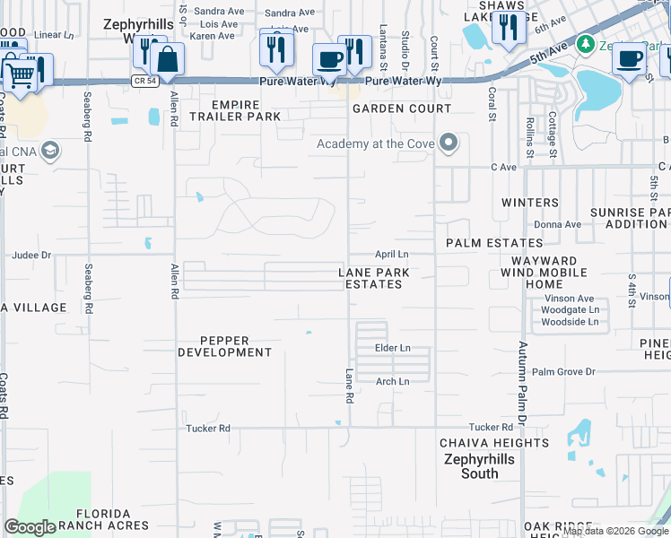 map of restaurants, bars, coffee shops, grocery stores, and more near 4421 Lane Road in Zephyrhills