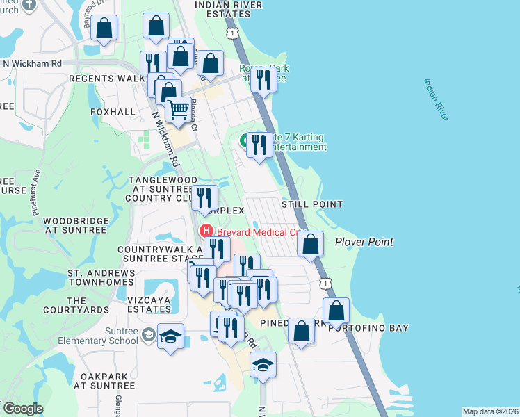 map of restaurants, bars, coffee shops, grocery stores, and more near 319 Akron Way in Rockledge