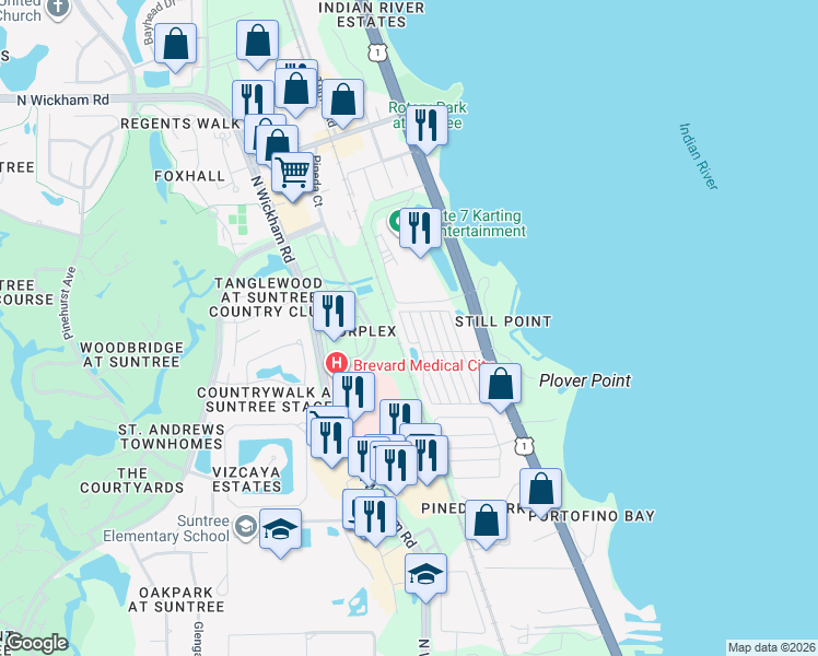 map of restaurants, bars, coffee shops, grocery stores, and more near 319 Akron Way in Rockledge