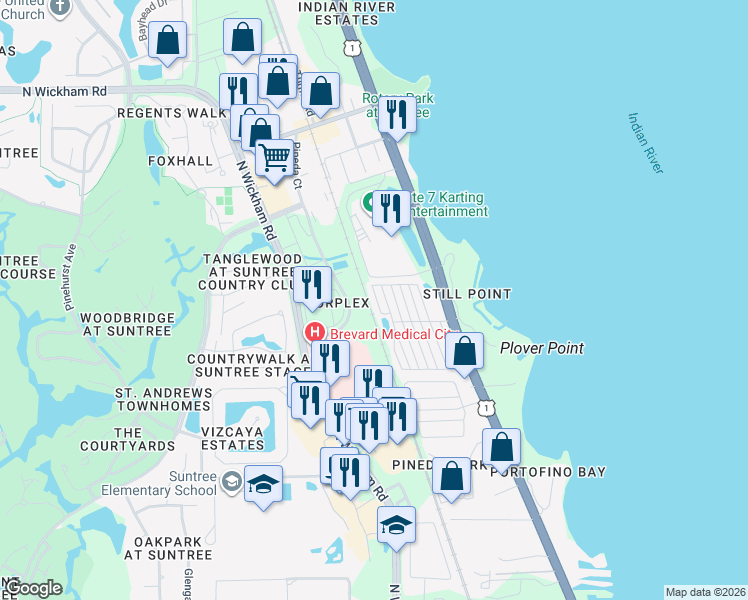 map of restaurants, bars, coffee shops, grocery stores, and more near 319 Akron Way in Rockledge