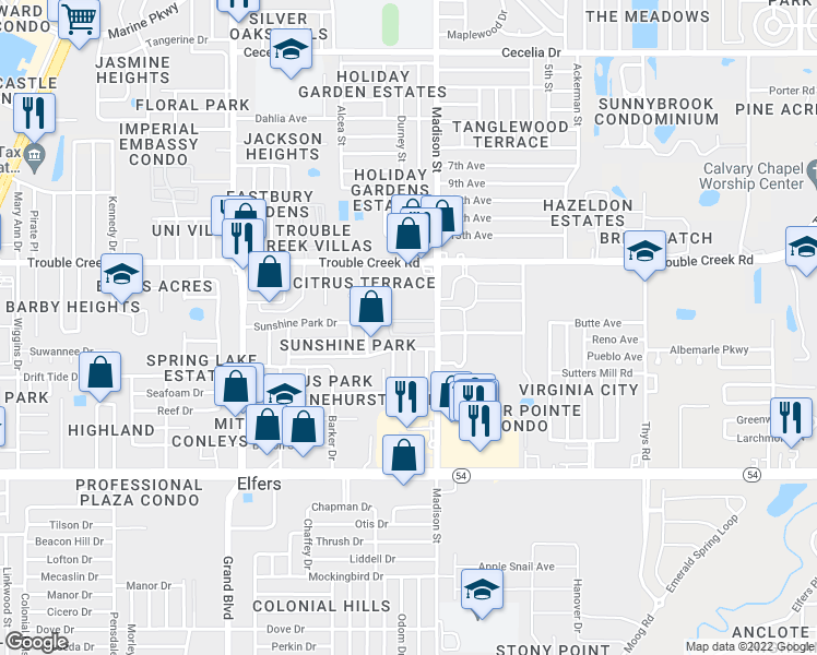 map of restaurants, bars, coffee shops, grocery stores, and more near 5968 Twin Bend Loop in New Port Richey