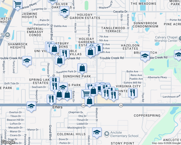 map of restaurants, bars, coffee shops, grocery stores, and more near 5968 Twin Bend Loop in New Port Richey