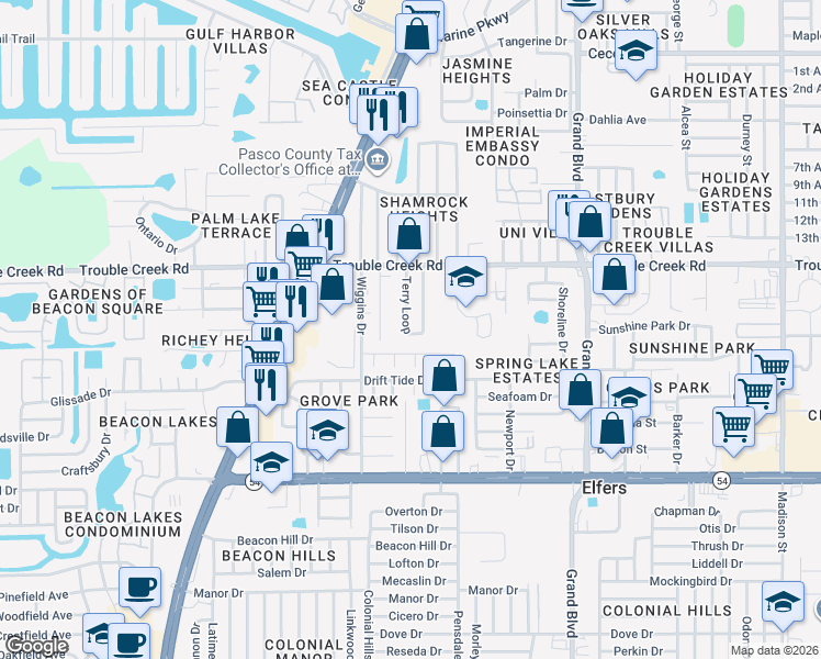 map of restaurants, bars, coffee shops, grocery stores, and more near 4430 Terry Loop in Port Richey