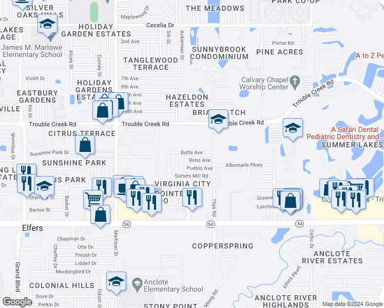 map of restaurants, bars, coffee shops, grocery stores, and more near 6348 Butte Avenue in New Port Richey