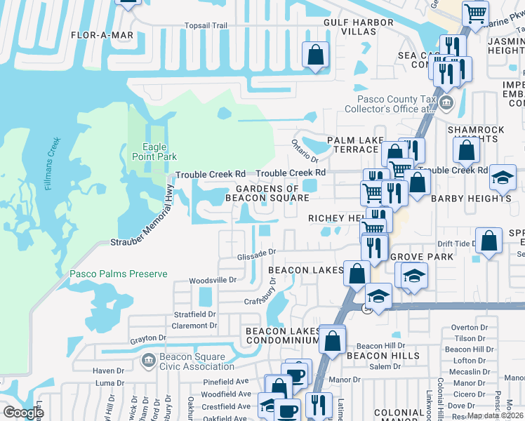 map of restaurants, bars, coffee shops, grocery stores, and more near 4367 Summersun Drive in New Port Richey